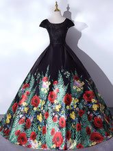 Black Satin Lace Top Print Cap Sleeve Quinceanera Dress